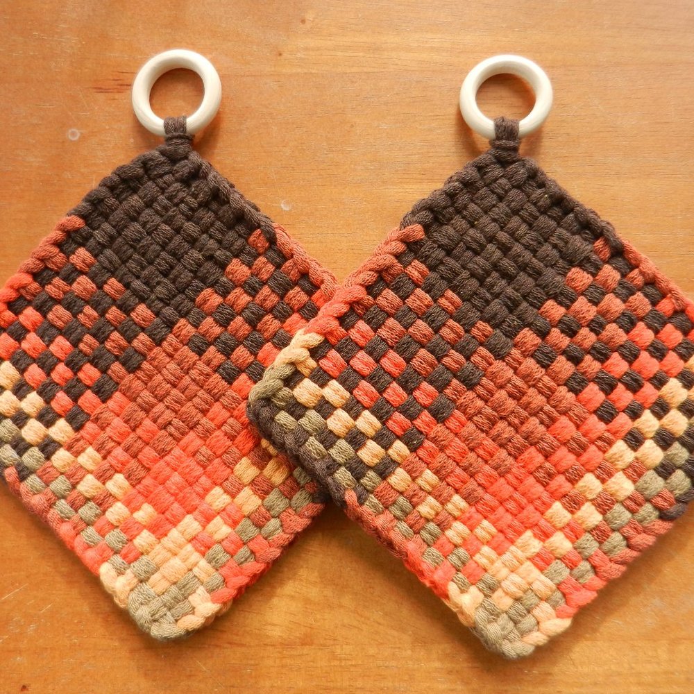 Set of 2 Handmade Artisan Woven Loomed Harvest Potholders Hot Pads Trivets